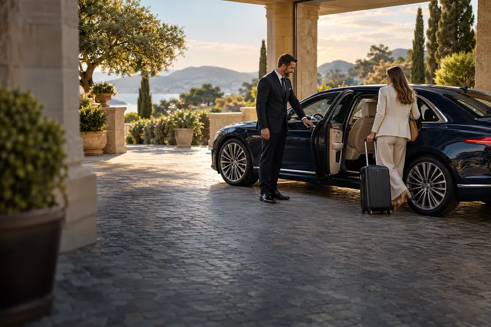 Illustrative photograph of a chauffeur welcoming a tourist at a hotel
