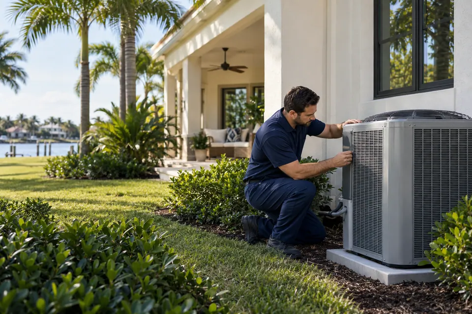 Illustrative photograph of an air-conditioning technician at a Florida home