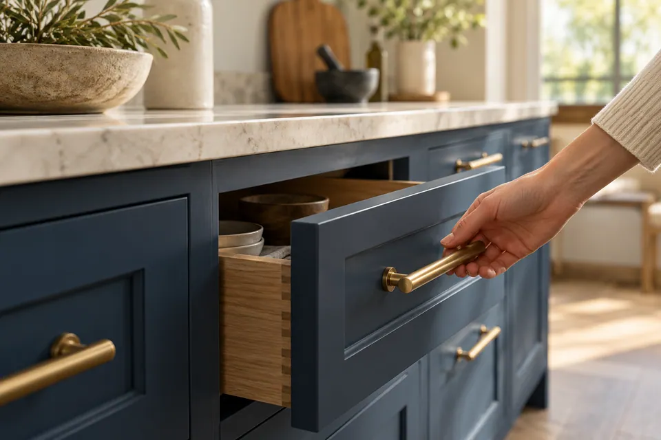 Illustrative photograph of brass cabinet hardware in an indigo kitchen